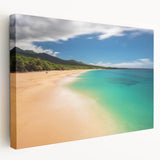 Large stretched canvas featuring a serene Maui landscape with vivid green and blue tones, suitable for kitchen wall art.