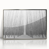 Mid-century modernist art of Idaho scenery in silver-framed acrylic, featuring muted earth tones, ideal for nursery wall art.