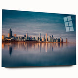 Large abstract depiction of the Chicago skyline in muted blue and gray tones on acrylic glass.