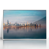 Acrylic print of Chicago skyline in art deco style with muted grayscale tones, ideal for modern art wall decor.