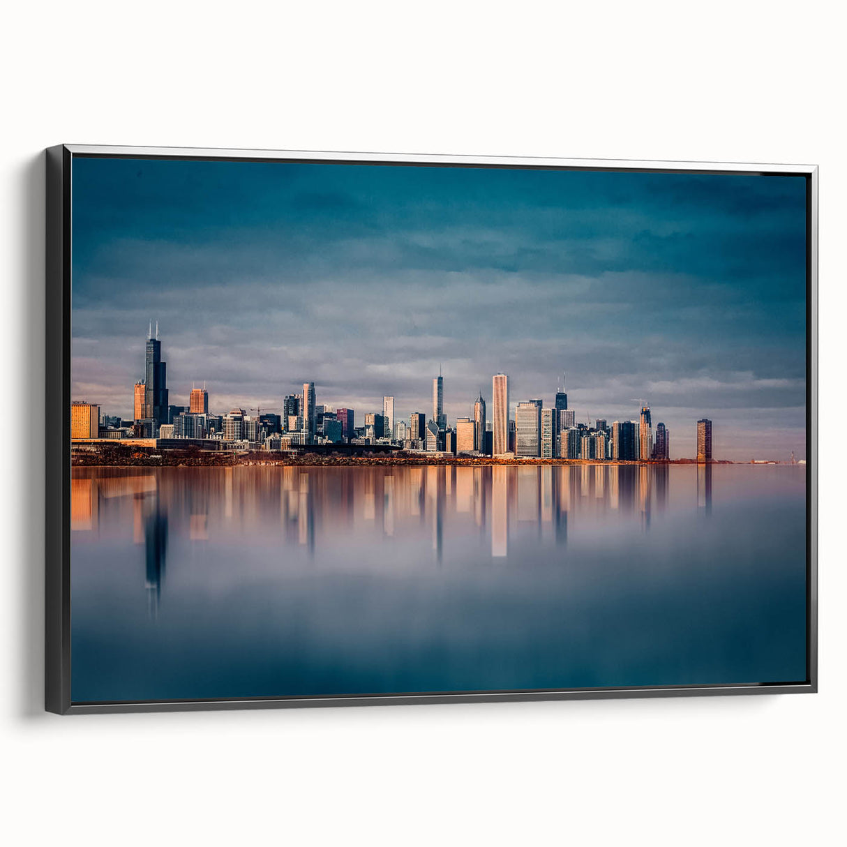 Black and white framed canvas of Chicago skyline, ideal for bedroom wall art, featuring vintage poster style.