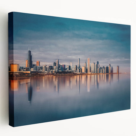 Chicago skyline depicted in muted blue and gray tones on a large stretched canvas, suitable for kitchen wall art.