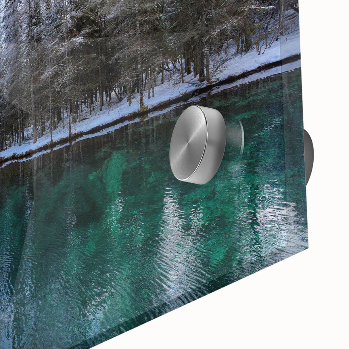 Large abstract depiction of Lake Michigan in muted blue and green tones on acrylic glass.