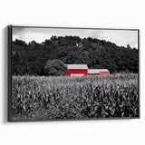 Black and white framed canvas of a vintage Iowa landscape, ideal for bedroom decor.