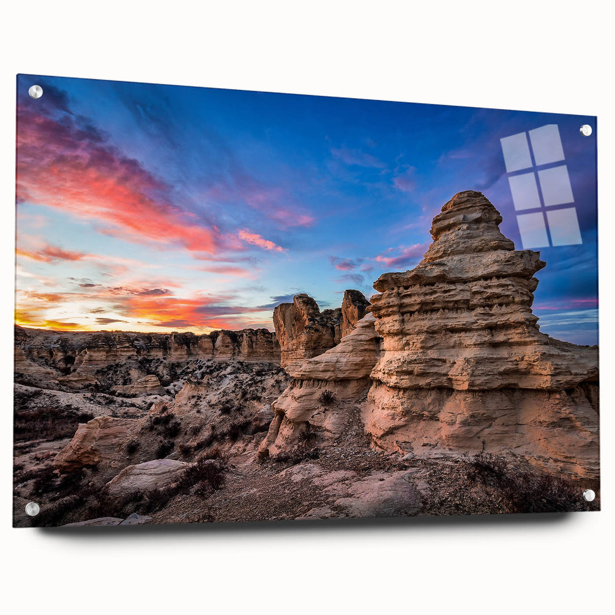 Acrylic print of a large abstract depiction of Kansas scenery in muted earth tones, ideal for bedroom or dining room decor.