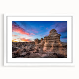 Abstract art print of a Kansas landscape in soft gray and blue tones on a framed white mat, ideal for dining room decor.