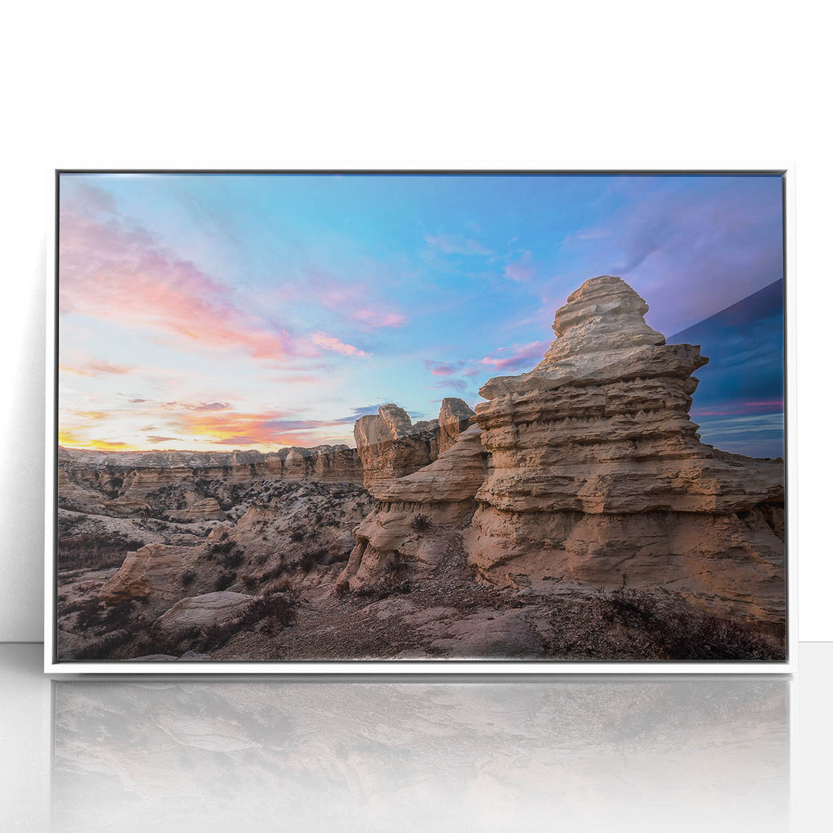 Art deco poster of Kansas scenery in muted earth tones on white acrylic, ideal for modern art wall decor in a nursery.