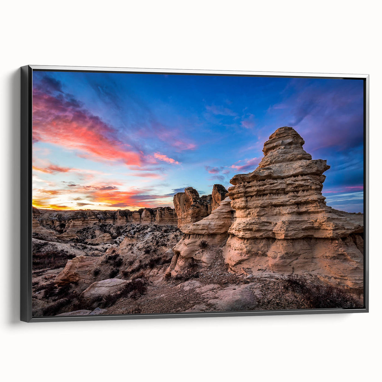 Black and white framed canvas of Kansas landscape, featuring vintage poster art style, suitable for bedroom decor.