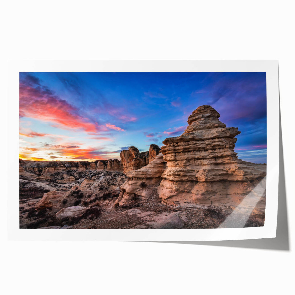Rolled print of Kansas scenery with floral designs, showcasing muted earth tones, ideal for art wall dining room.