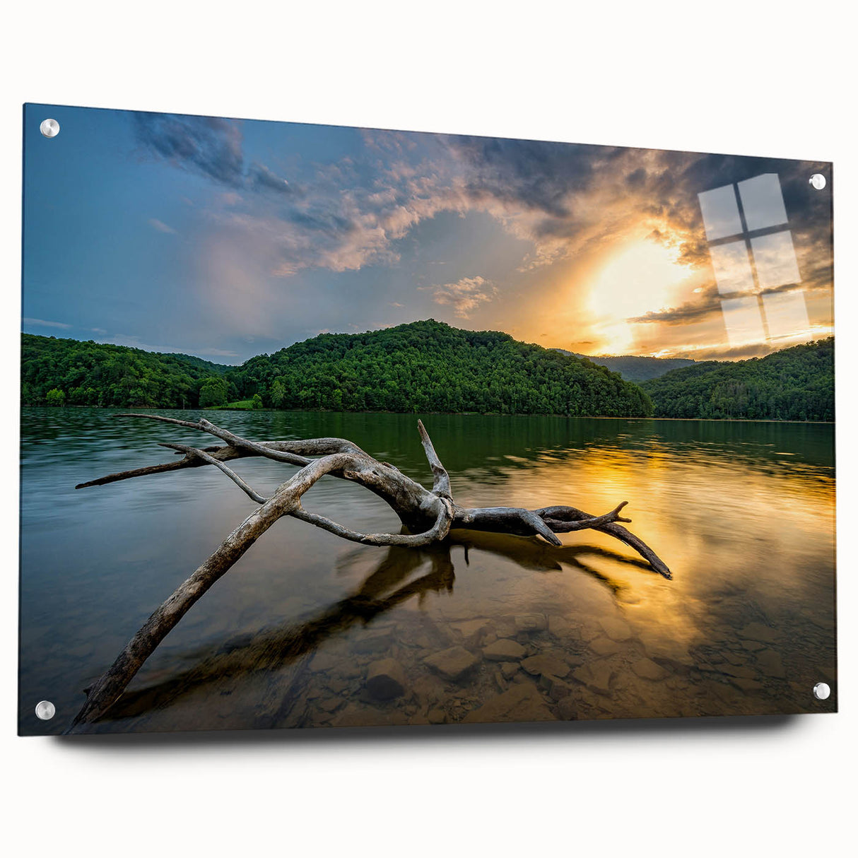 Acrylic print of a large abstract depiction of Kentucky scenery, with muted earth tones, ideal for dining room decor.