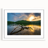 Abstract art print of a Kentucky landscape in muted green and blue tones on a framed white mat, ideal for dining room decor.