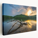 Large canvas art depicting a scenic Kentucky landscape in soft green and blue tones, suitable for kitchen wall decor.