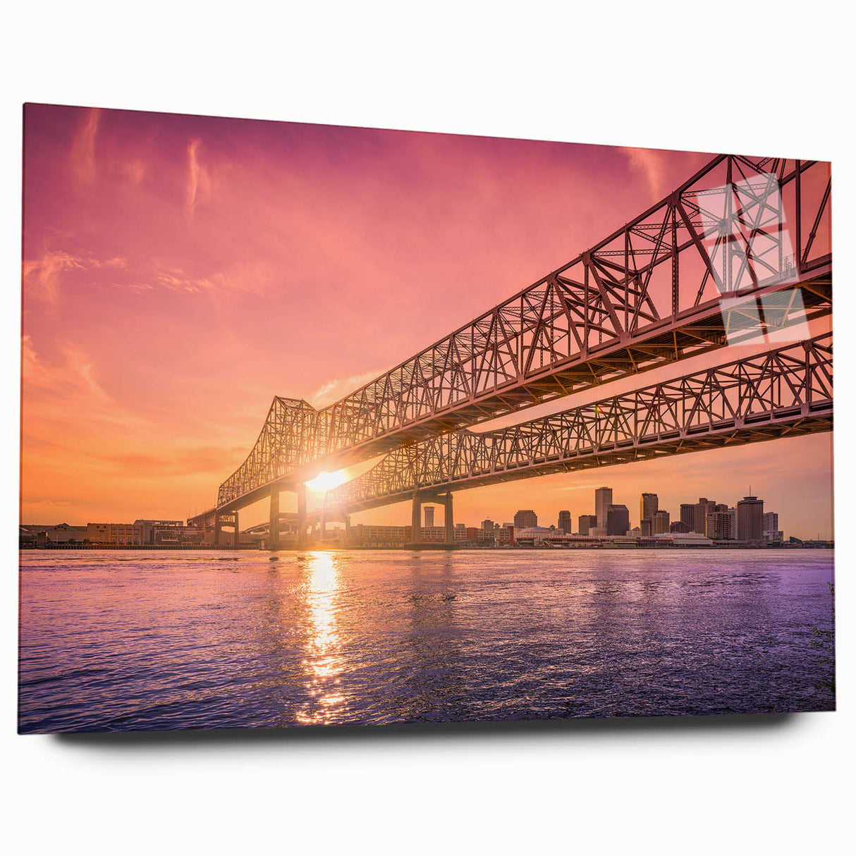 Acrylic print of a large abstract depiction of New Orleans in muted blue and gray tones.
