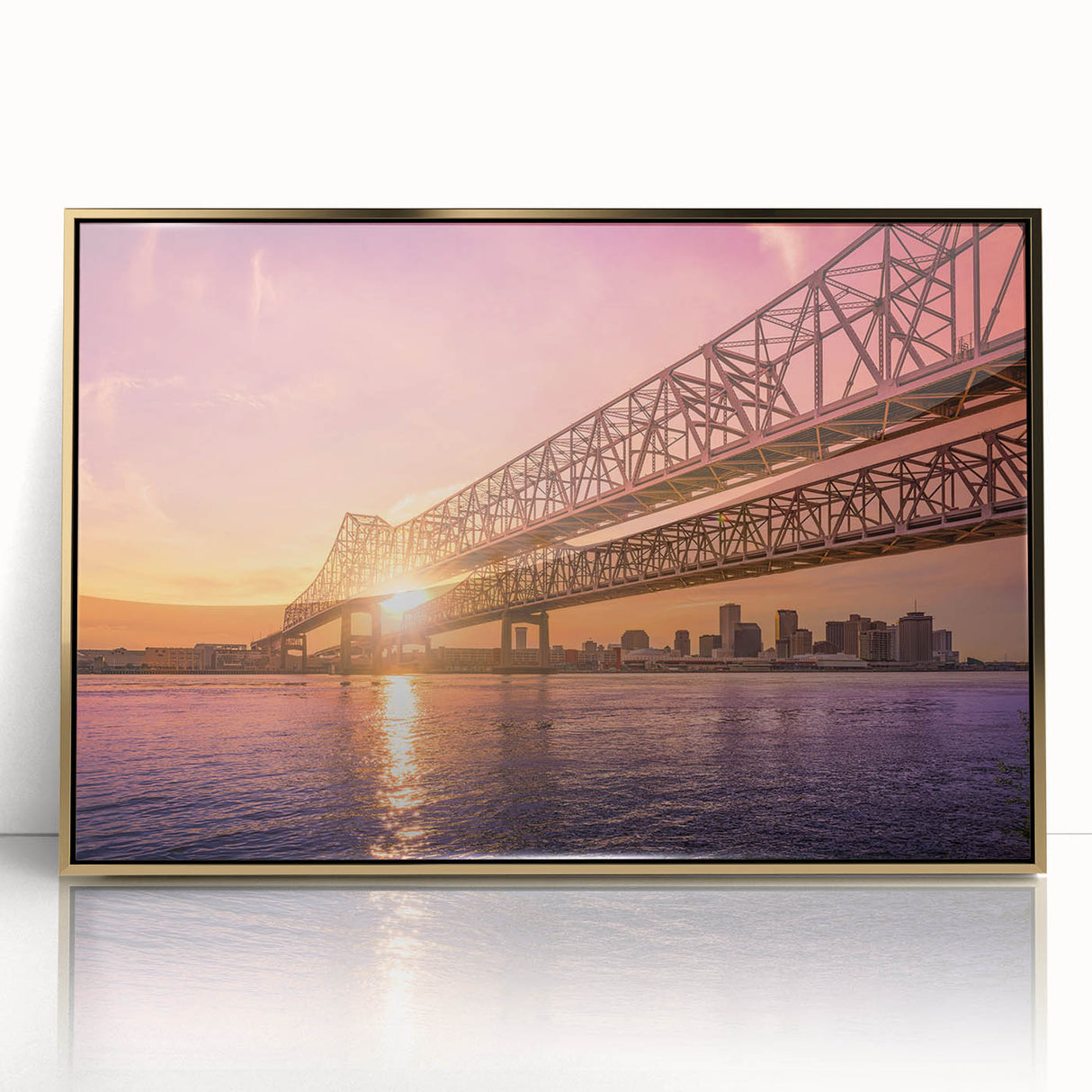 Acrylic print of New Orleans scenery in gold tones, framed, mid-century modernist style, suitable for modern art wall decor.