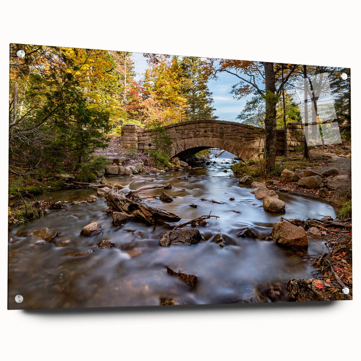 Acadia National Park scenery on acrylic glass, featuring blue and green tones, ideal for bedroom or dining room decor.