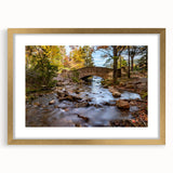 Extra large abstract art print of Acadia, Maine, featuring textured blues and greens, in a gold frame.