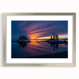 Textured abstract art print depicting a serene Maine landscape in muted earth tones, framed in silver.