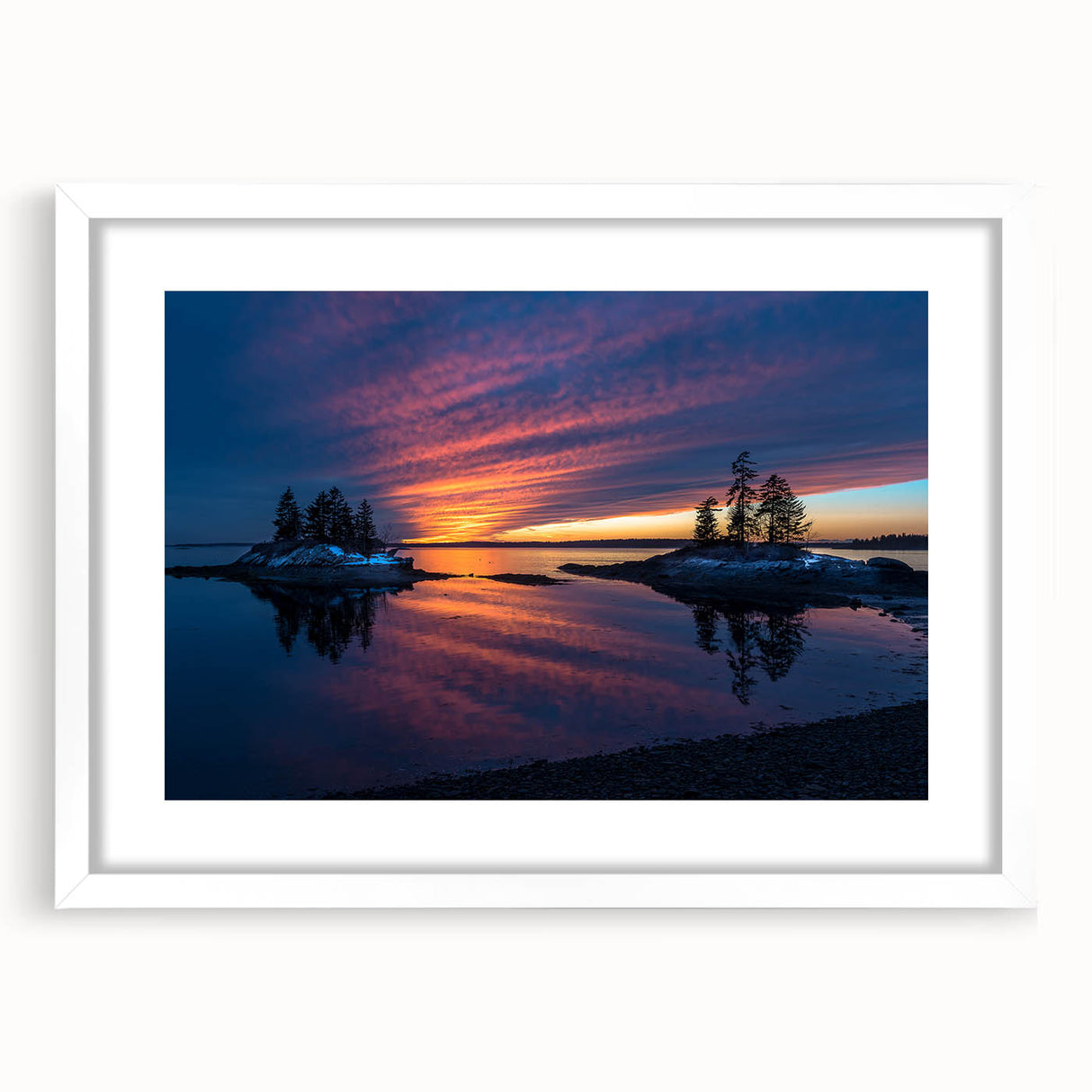 Abstract art print of a serene Maine landscape in muted blue and green hues on a white-framed canvas.