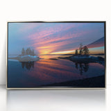 Mid-century modernist art of a serene Maine landscape in muted blue and green tones on a framed acrylic print.