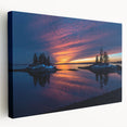 Scenic Maine coastline depicted in muted blue and gray tones on a large stretched canvas, suitable for kitchen wall art.