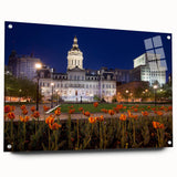 Acrylic print of a large abstract depiction of Baltimore skyline in muted blue and gray tones.