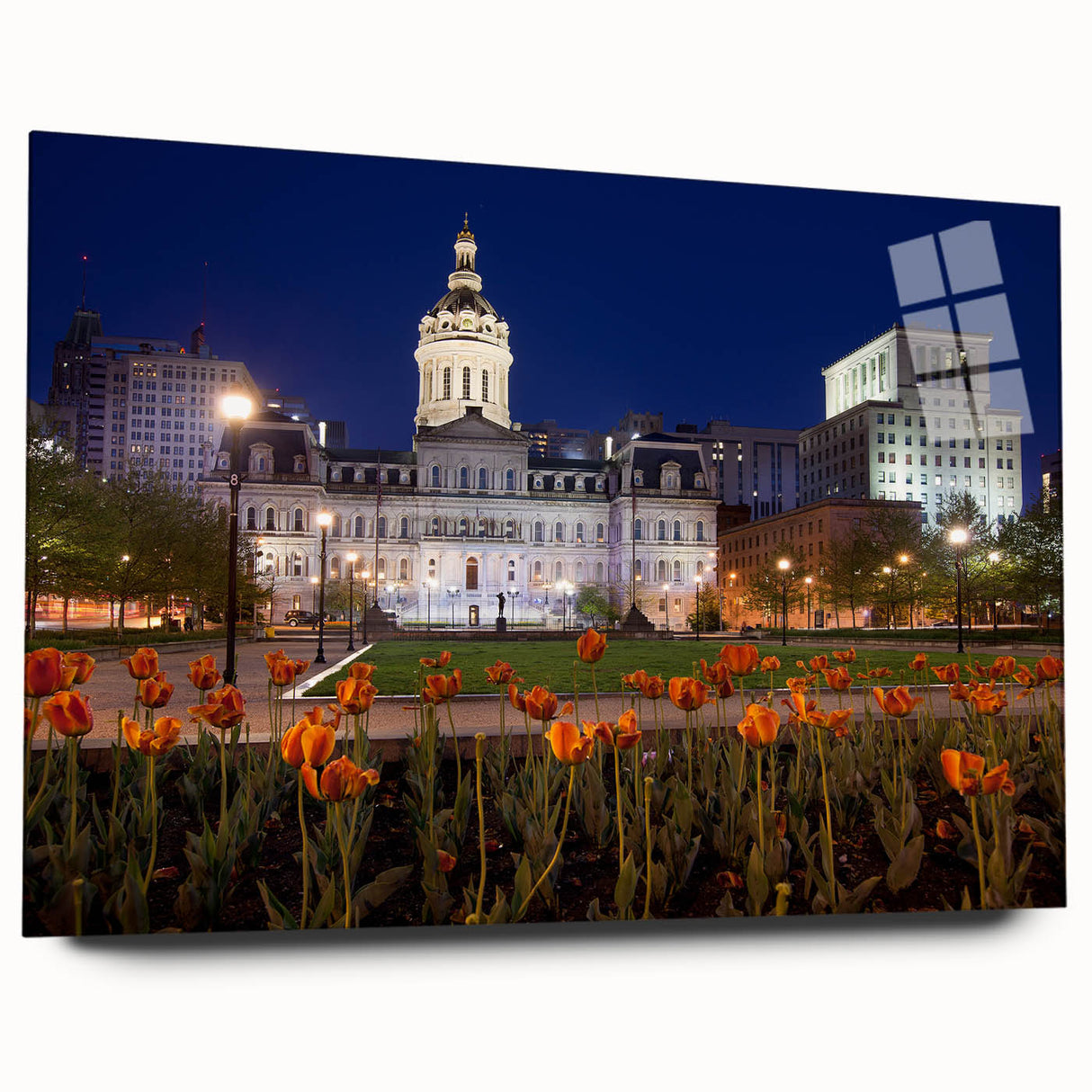 Acrylic print of a large abstract depiction of Baltimore's skyline in cool blue and gray tones.