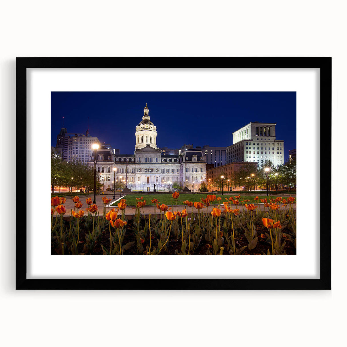 Colorful abstract art print of Baltimore skyline in vibrant hues on large textured canvas, ideal for living room decor.