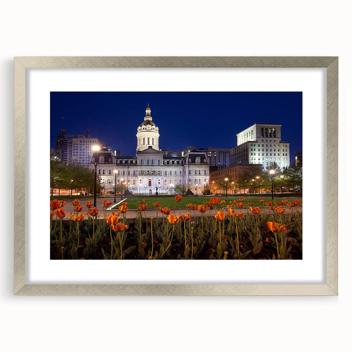 Textured art print of abstract Baltimore scenery in muted earth tones, framed in silver, ideal for bedroom decor.