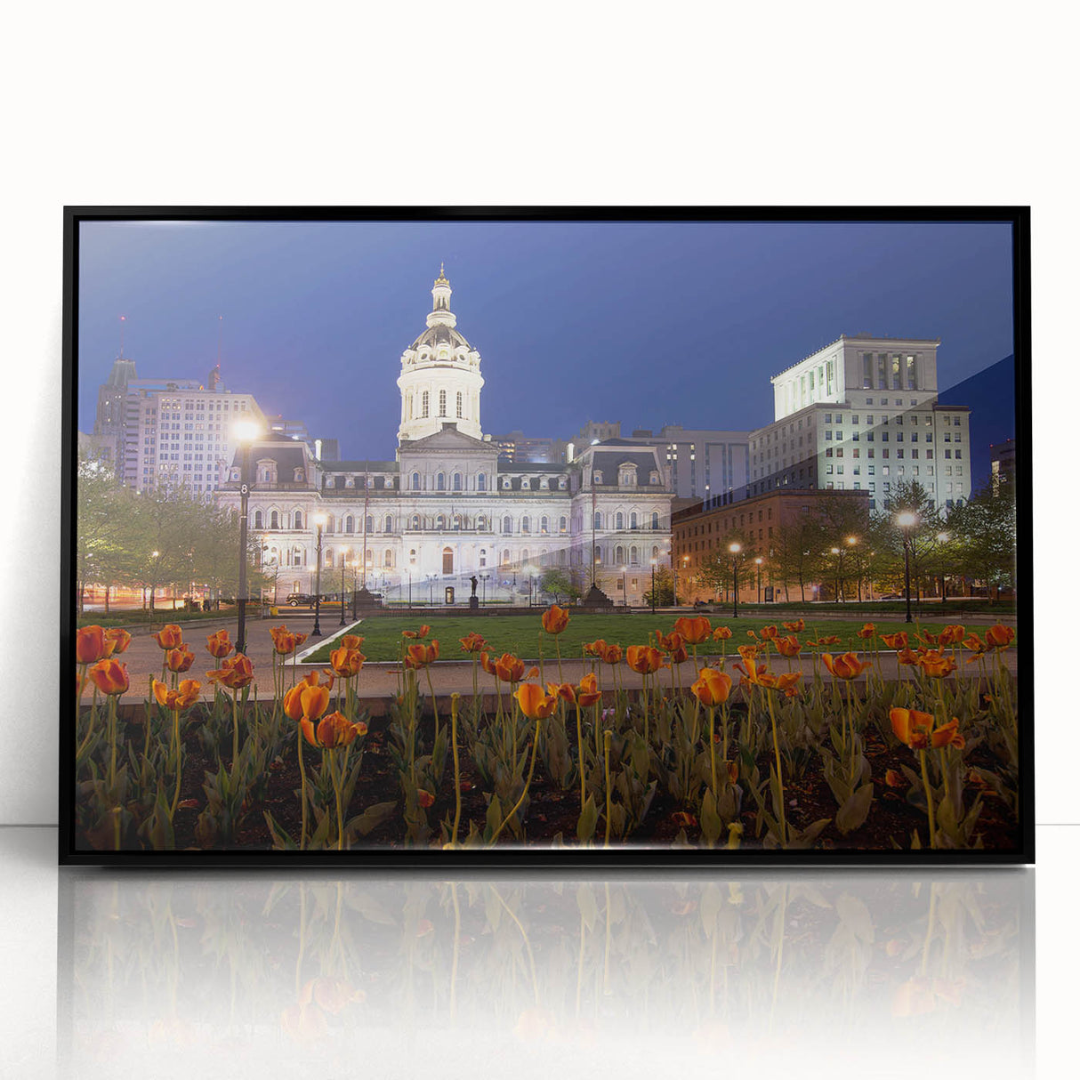 Large abstract wall art depicting Baltimore's skyline in muted gray and blue tones on framed acrylic.