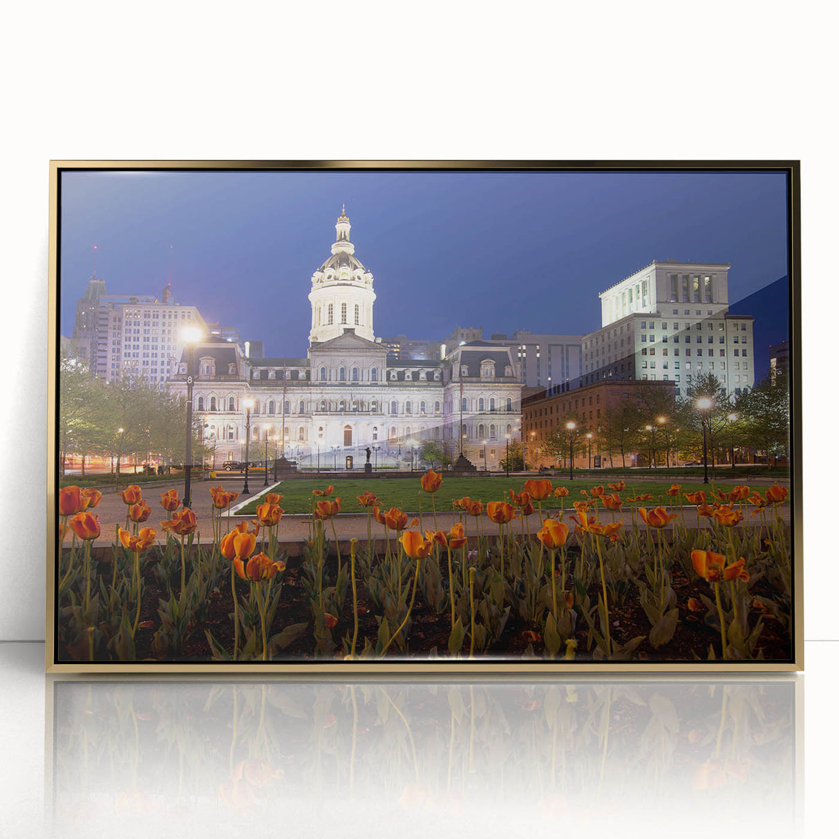 Acrylic print of Baltimore skyline in gold and blue tones, framed, mid-century modernist style.
