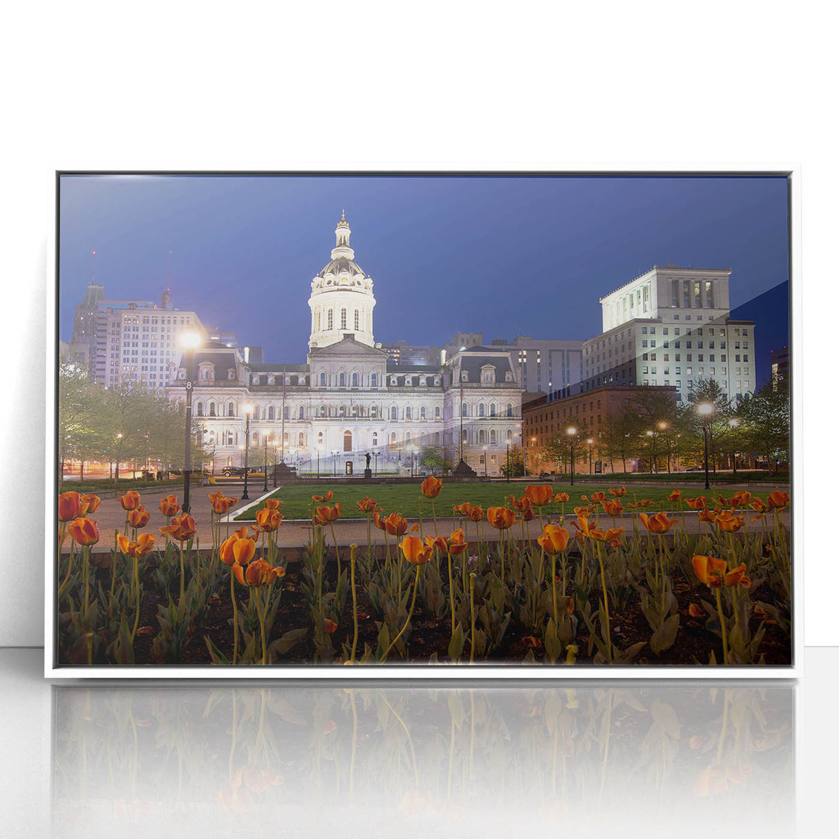 Art Deco-style poster of the Baltimore skyline in muted gray and blue tones on framed acrylic.