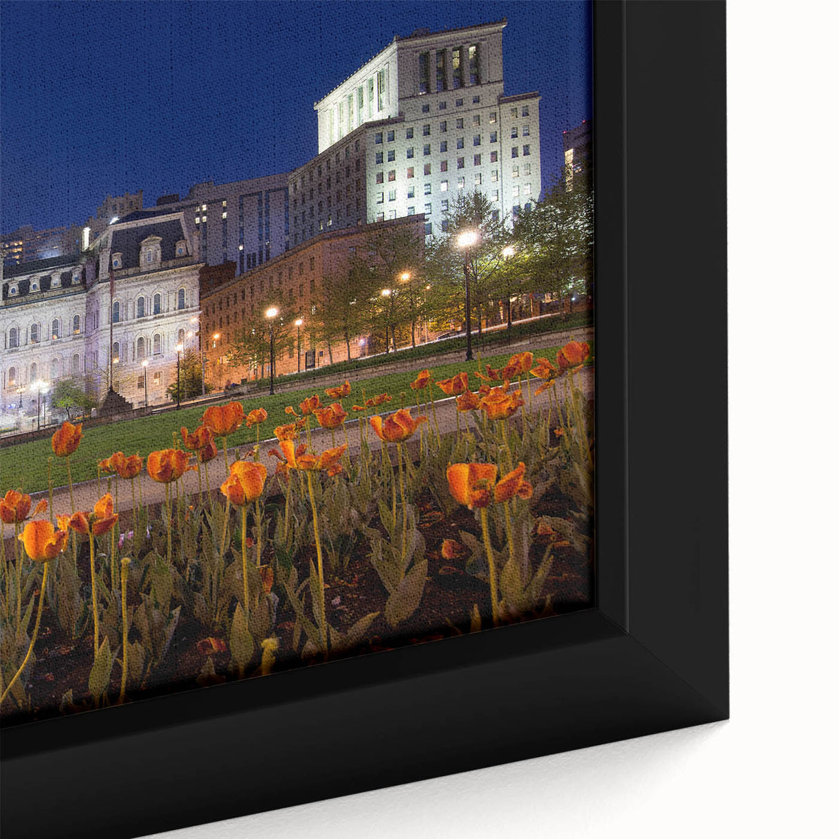 Extra large framed canvas of the Baltimore skyline in textured black with colorful accents, ideal for living room decor.