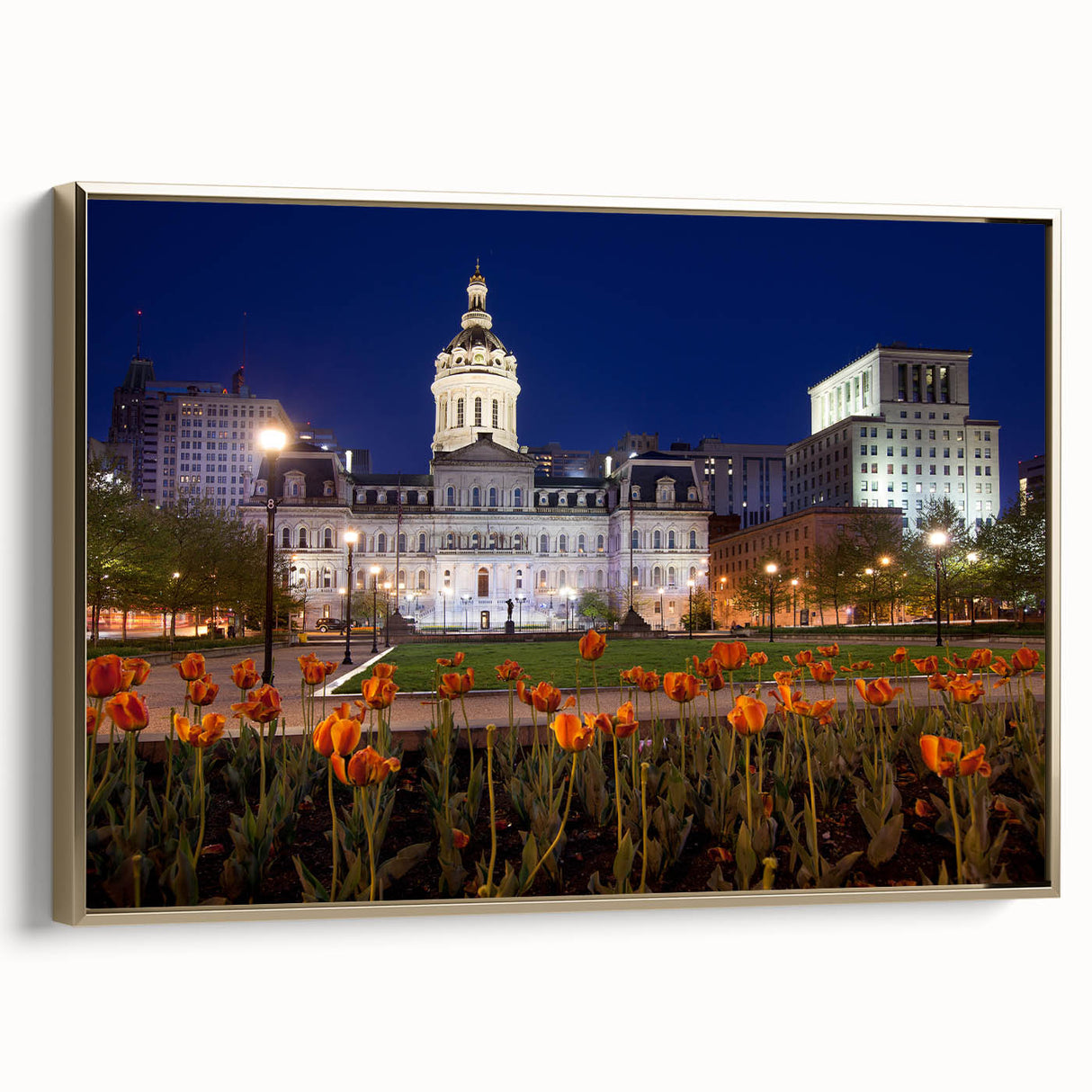 Vintage poster art of Baltimore skyline in colorful hues on a framed canvas, ideal for living room decor.