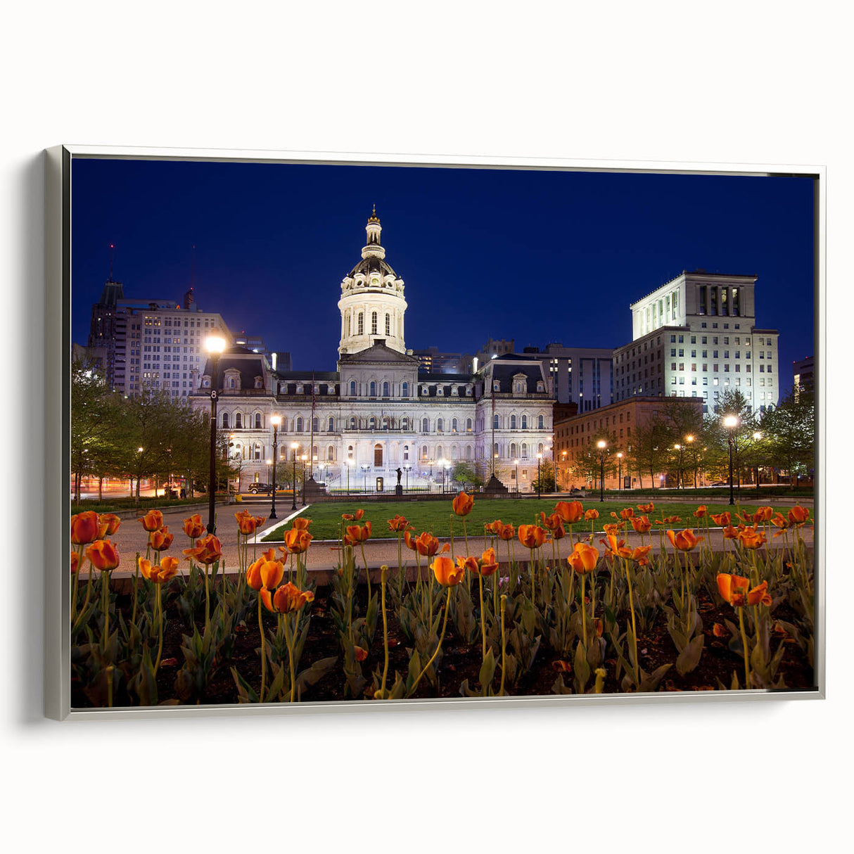 Framed canvas depicting a vintage-style landscape of Baltimore in muted gray and black tones, ideal for bedroom wall art.