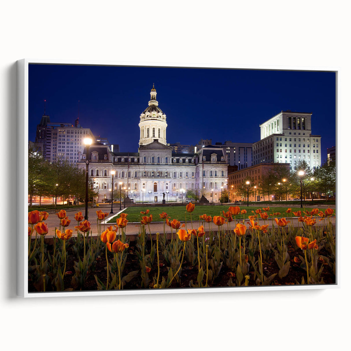 Framed canvas of a vintage Baltimore landscape painting with colorful art on a black background, ideal for living room decor.