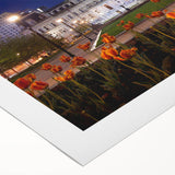 Art deco poster of Baltimore skyline in muted silver and blue tones on rolled canvas, suitable for dining room wall art.