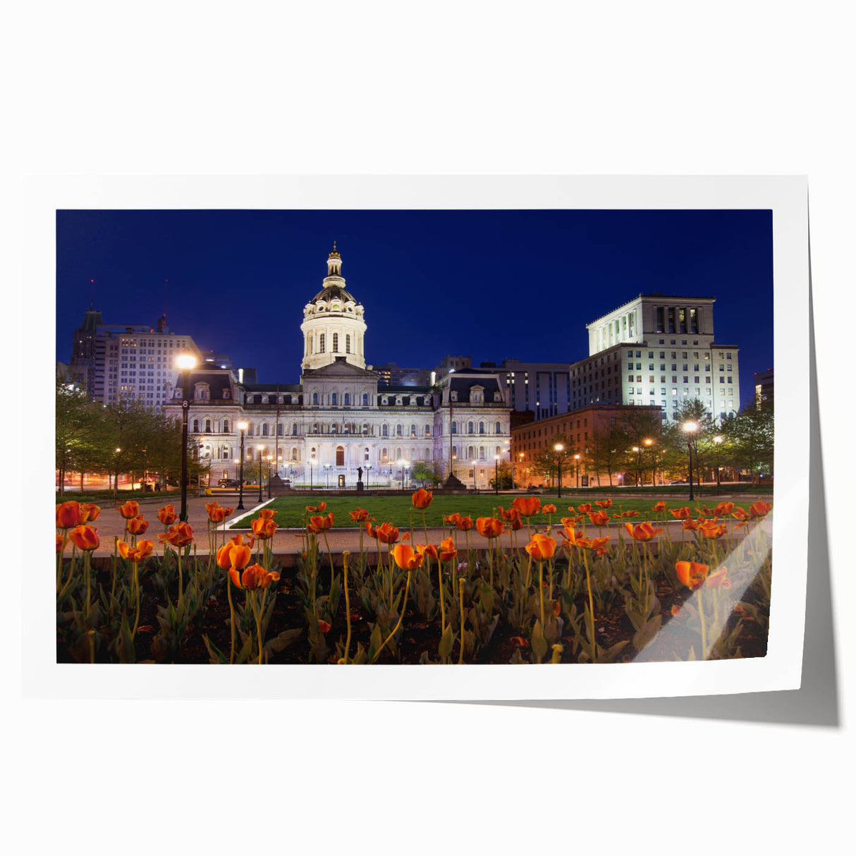 Rolled print of Baltimore scenery in soft pastel shades, featuring floral elements.