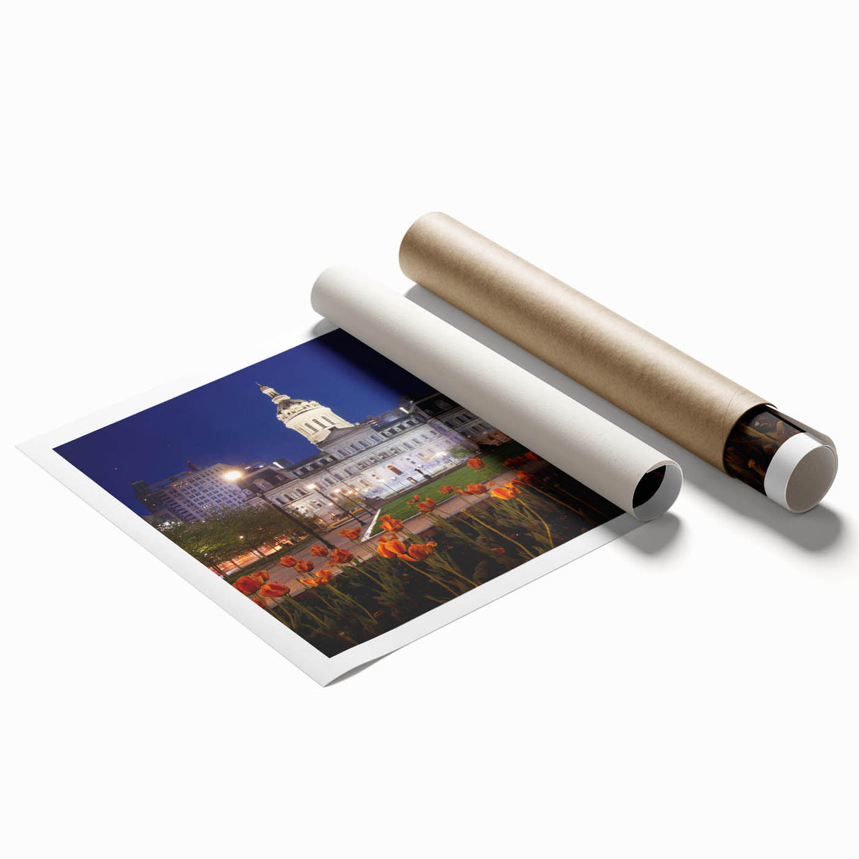 Extra large rolled print of Baltimore scenery with floral elements in soft color tones.