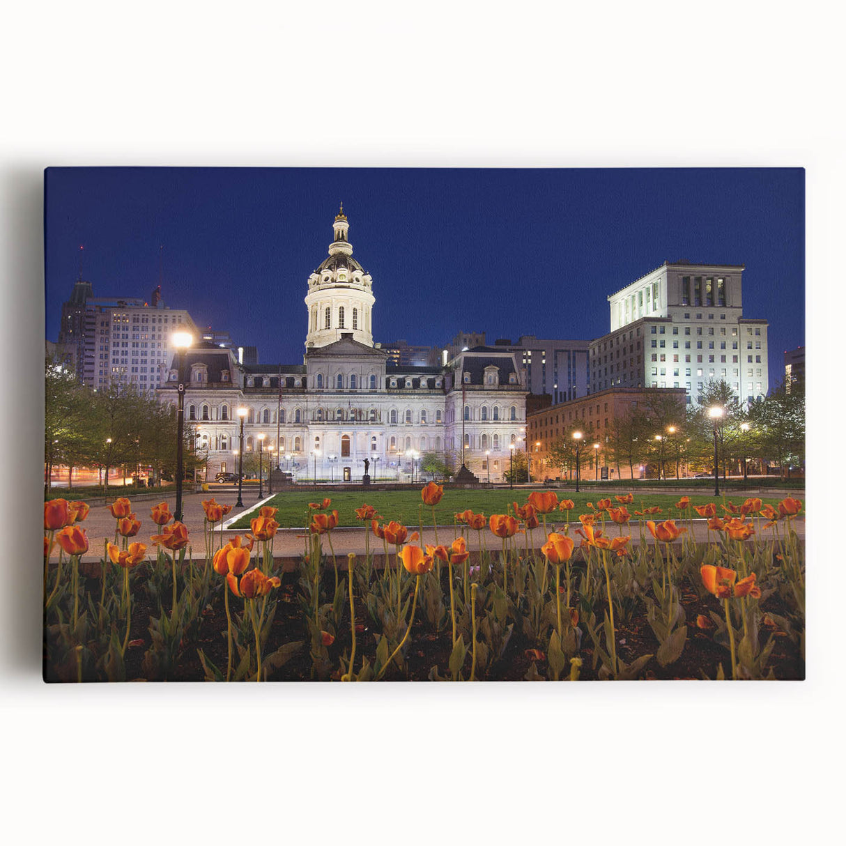 Black and white photo of Baltimore skyline on large stretched canvas, suitable for kitchen art.