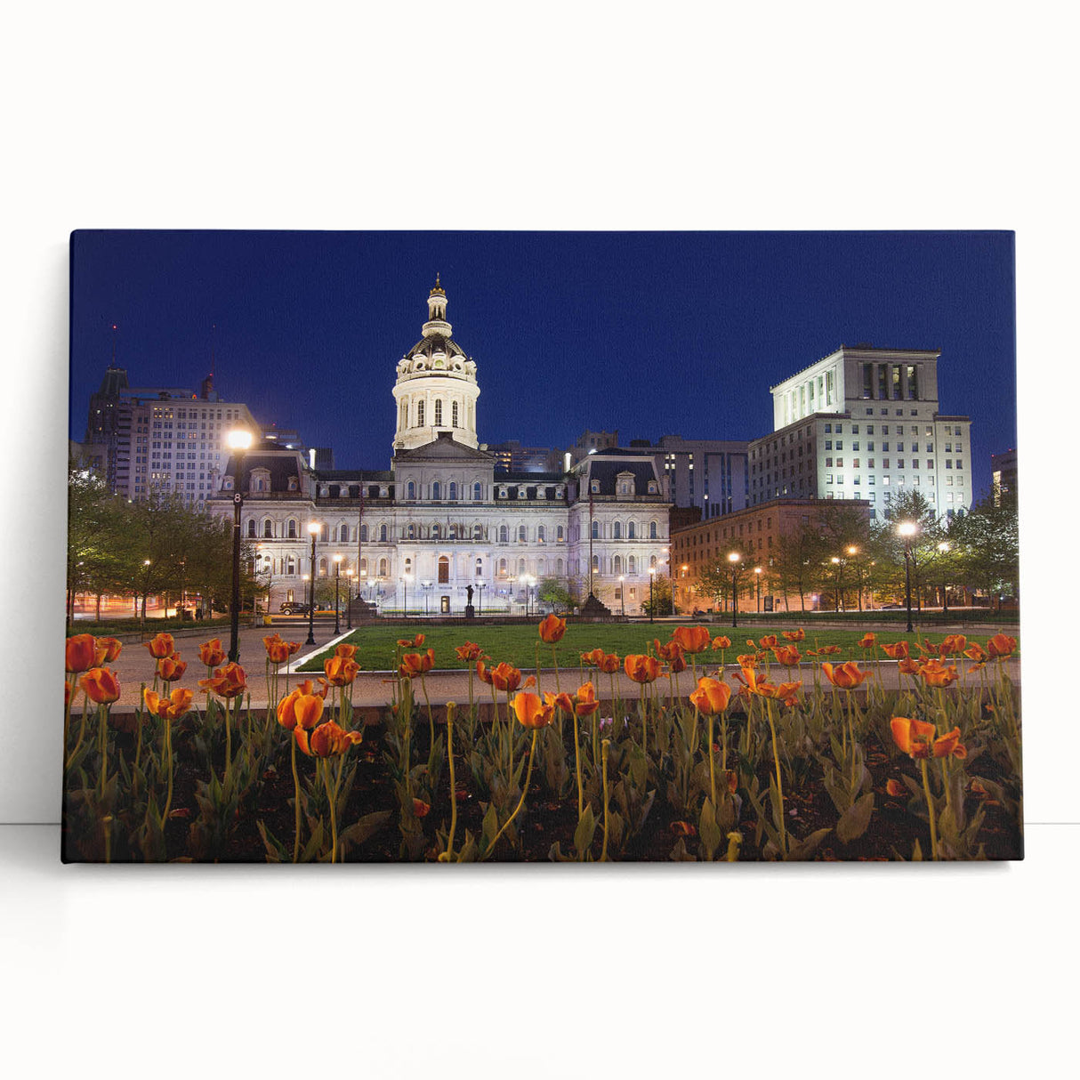 Black and white stretched canvas of Baltimore skyline, ideal for kitchen wall art.