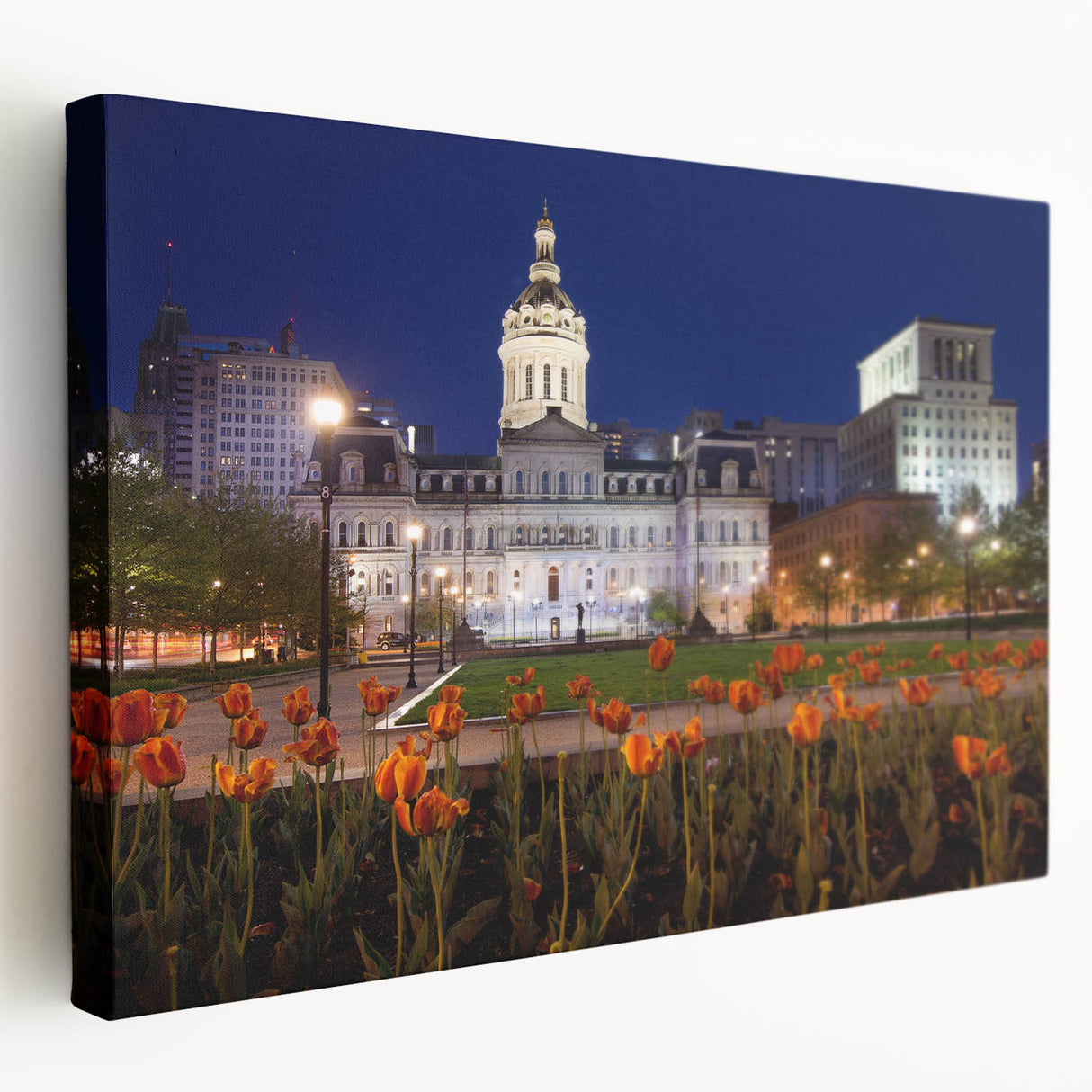 Side view of a stretched canvas featuring a detailed Baltimore skyline in muted blue and gray tones.