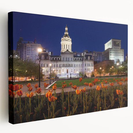 Side view of a stretched canvas featuring a detailed Baltimore skyline in muted blue and gray tones.