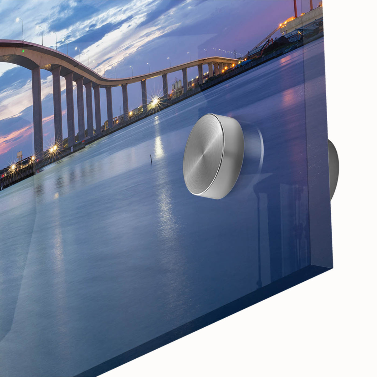 Large abstract wall art of Chesapeake Bay in muted blues and greens on acrylic glass, suitable for dining room ambiance.