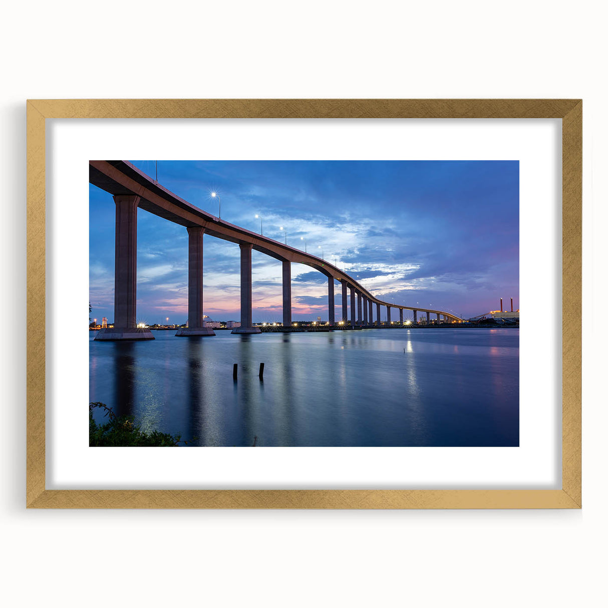Extra large abstract art print of Chesapeake Bay in textured hues of blue and gold, framed in gold.