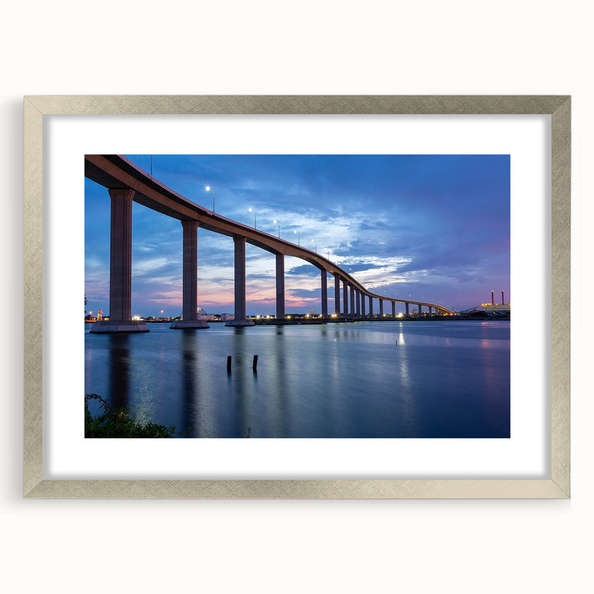 Textured art print of Chesapeake Bay in abstract style, featuring muted blue and silver tones on a framed canvas.