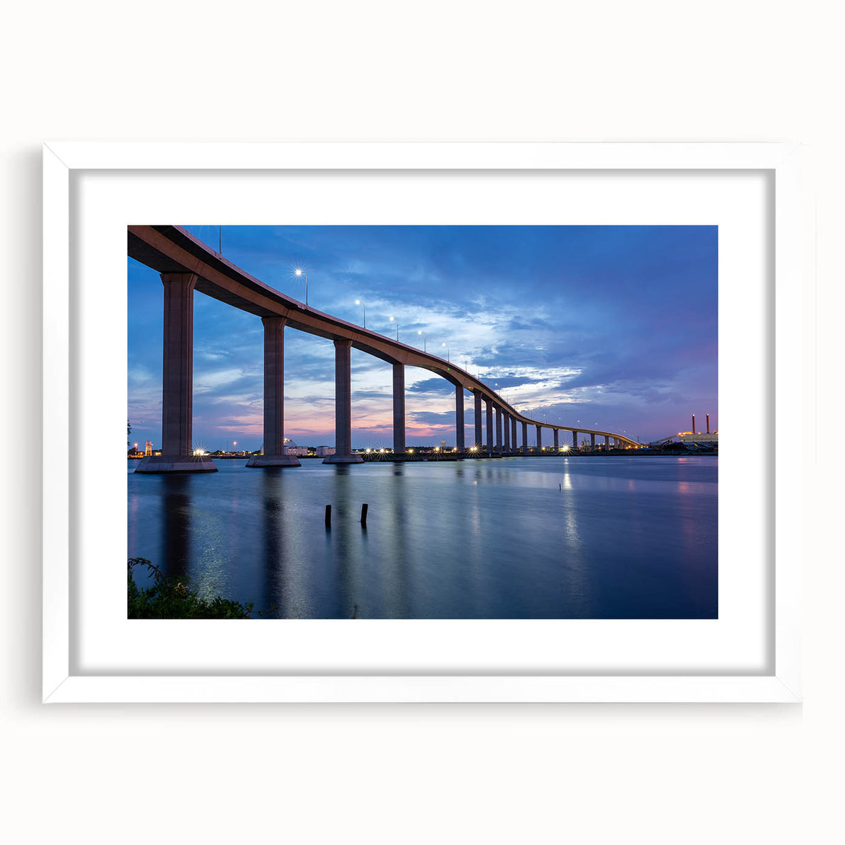 Abstract art print of Chesapeake Bay in muted blue and green tones, framed with white mat.