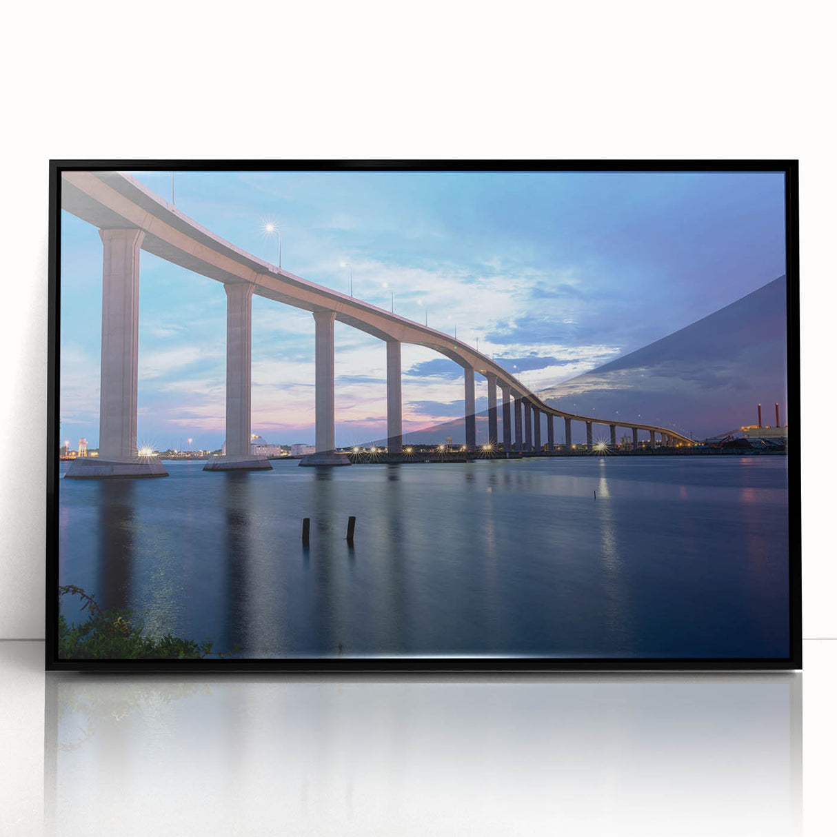 Large abstract wall art depicting the Chesapeake Bay in muted blues and greens, framed in black acrylic.