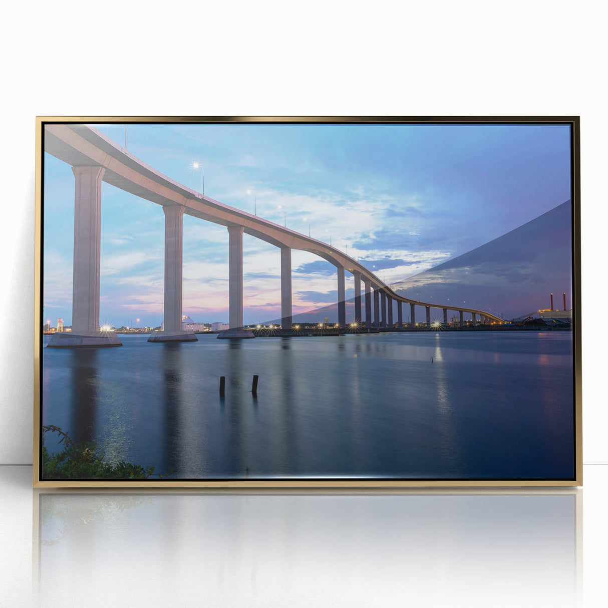 Acrylic print of Chesapeake Bay with soft gold and blue tones, framed in gold, suitable for modern art wall decor.