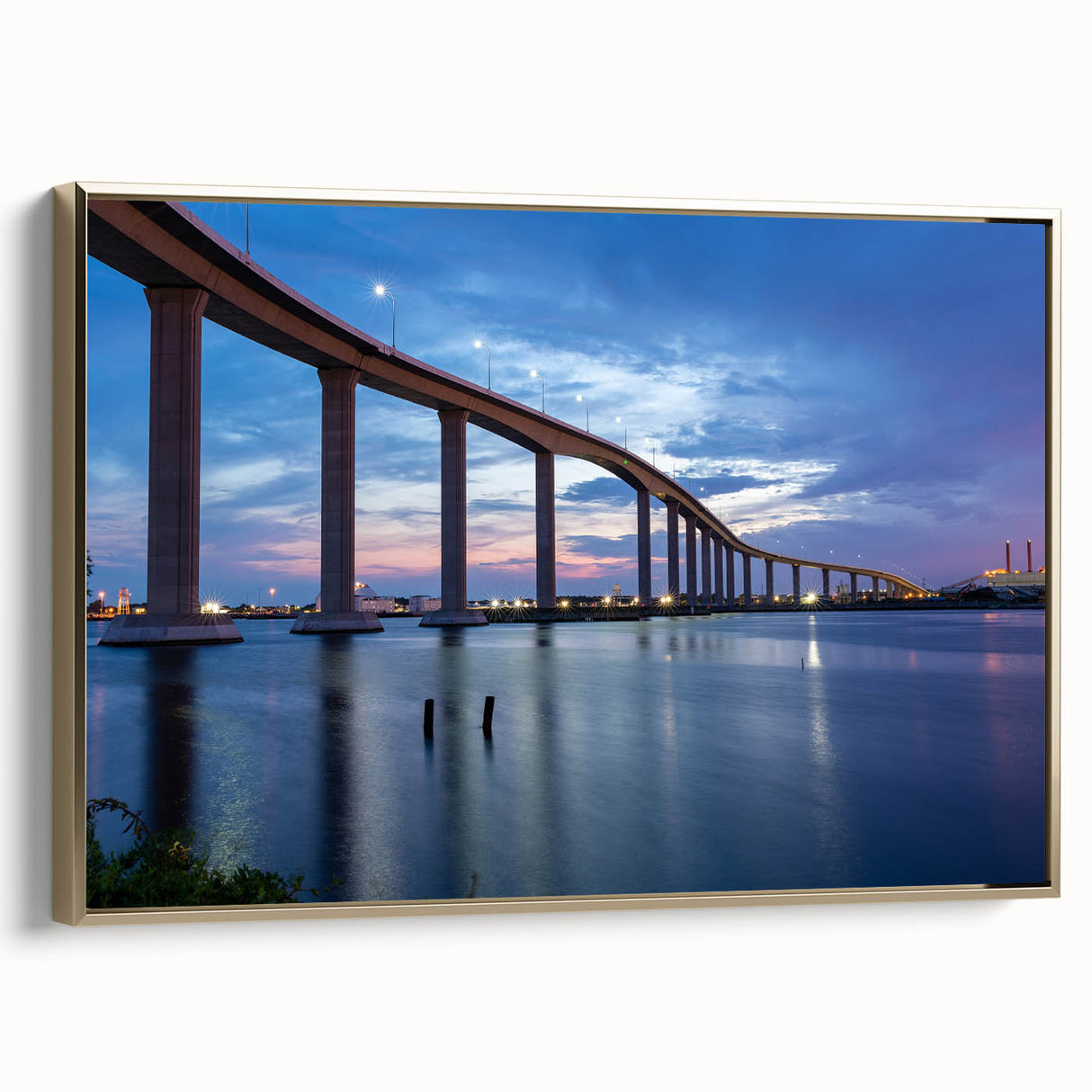 Framed canvas of Chesapeake Bay landscape in vintage style with a black and gold color palette, ideal for bedroom wall art.