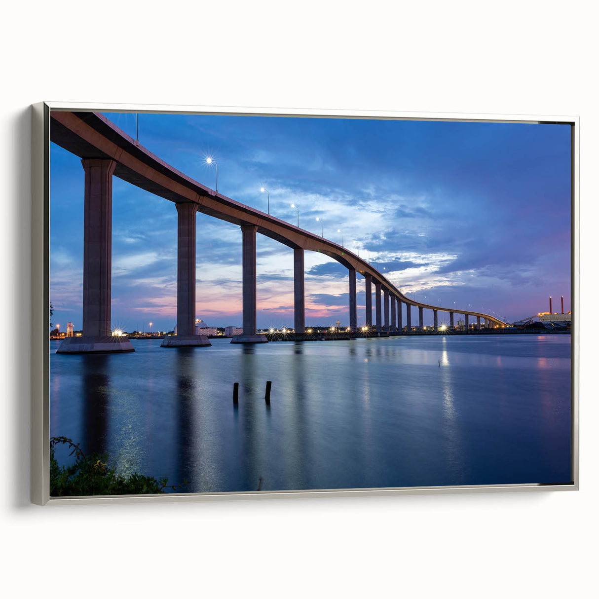 Landscape art painting of Chesapeake Bay in a silver-framed canvas, featuring muted blue and green tones.